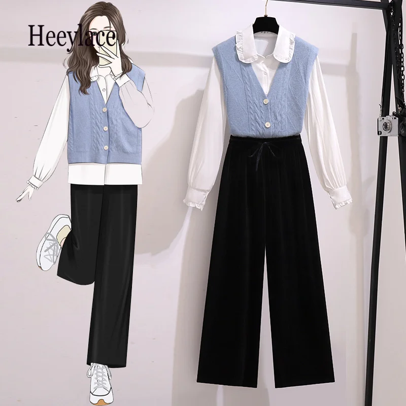 Женский офисный костюм из трех предметов, милая белая блузка с воротником «Питер Пэн», Трикотажный жилет и бархатные широкие брюки в Корейс...
Женский офисный костюм из трех предметов, милая белая блузка с воротником «Питер Пэн», Трикотажный жилет и бархатные широкие брюки в Корейс...