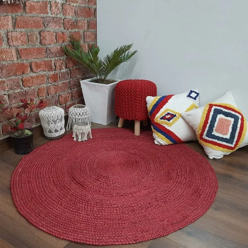 

Jute Rug Hand Woven Round 100% Natural Jute Floor Mat Home Decoration Outdoor Indoor Rug Burgundy Country Style Rug