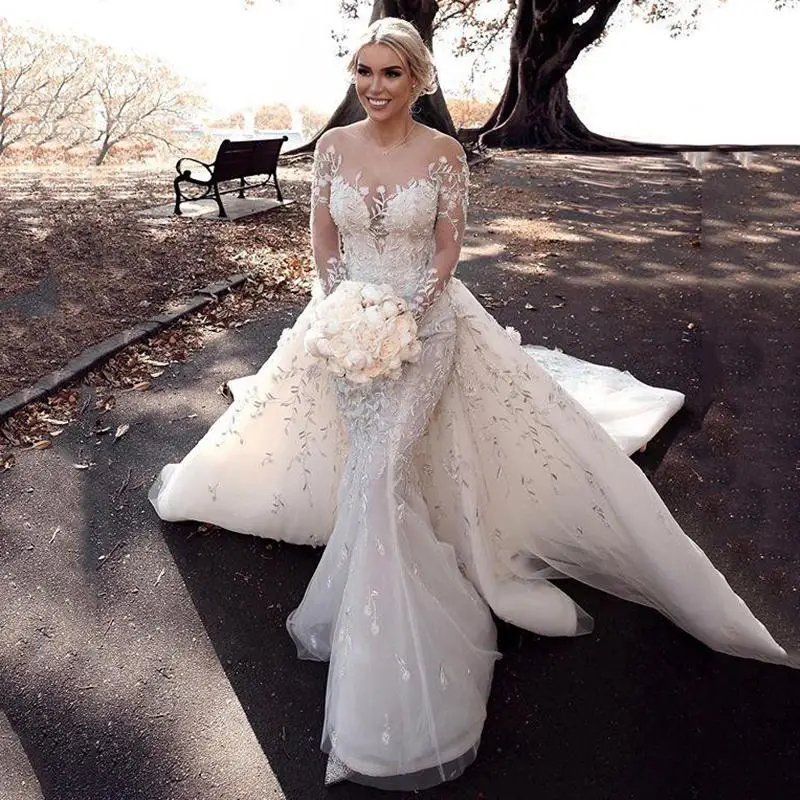 

Chapel Mermaid Wedding Dresses With Detachable Train Lace Appliques Illusion Long Sleeves Bridal Wedding Gowns Open Back Vestido