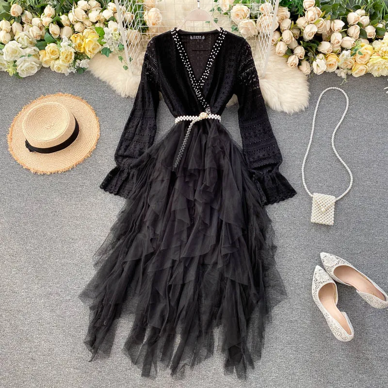HISUMA Autumn Women Flare Sleeve Irregular Mesh Gauze Ruffles Bead Belt Dress Lady Elastic Slim Hollow Lace Party Chic Dress
HISUMA Autumn Women Flare Sleeve Irregular Mesh Gauze Ruffles Bead Belt Dress Lady Elastic Slim Hollow Lace Party Chic Dress