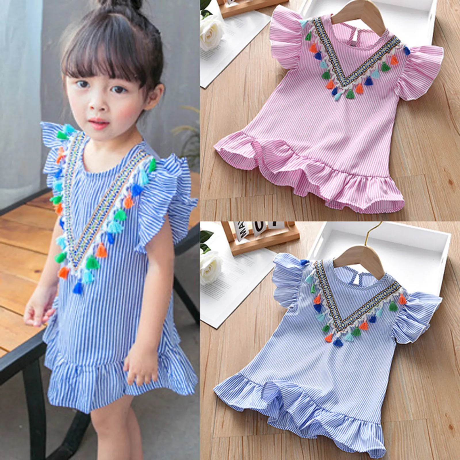 Baby Summer Clothes Toddler Baby Girls Fly Sleeve Tassels Ruffle Stripe Print Princess Dress Outfits prinsessenjurken meisjes E1
Baby Summer Clothes Toddler Baby Girls Fly Sleeve Tassels Ruffle Stripe Print Princess Dress Outfits prinsessenjurken meisjes E1