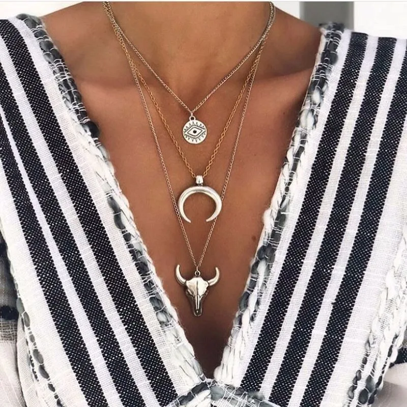 Multilayer Necklace Women Moon Pendant Eye Necklaces Woman Beads Girls Fashion Bull Head Silver Color Party Alloy Metal Collier
Multilayer Necklace Women Moon Pendant Eye Necklaces Woman Beads Girls Fashion Bull Head Silver Color Party Alloy Metal Collier
