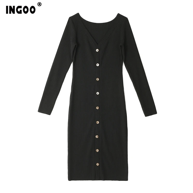 INGOO Spring Cotton Women T-shirt Dress Elegants Casual Ribbed Solid Black V Neck Knee Length Button Long Sleeve Pencil Dresses
INGOO Spring Cotton Women T-shirt Dress Elegants Casual Ribbed Solid Black V Neck Knee Length Button Long Sleeve Pencil Dresses