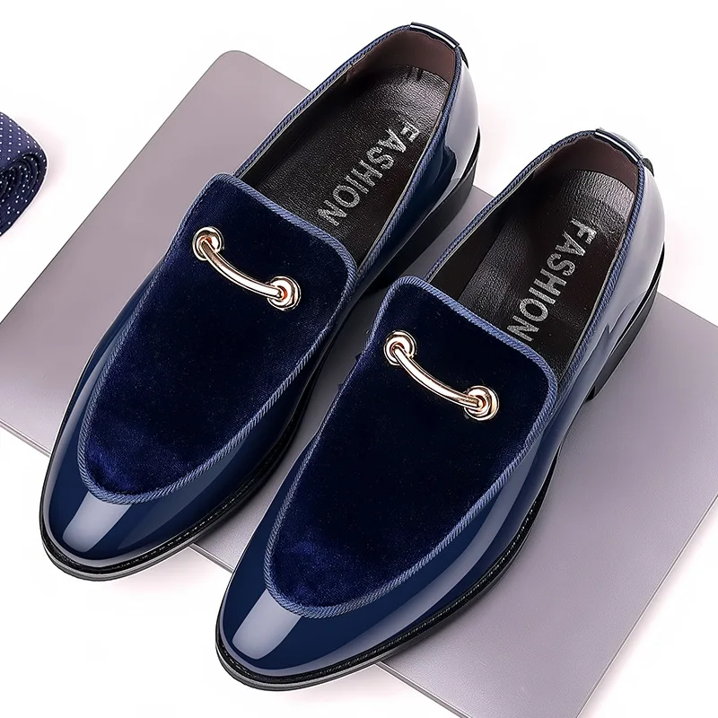 

British Style Mens Dress Shoes Faux Patent Leather Loafer Spring Autumn Bussiness Moccasin Black Blue Wedding Shoe Plus Size