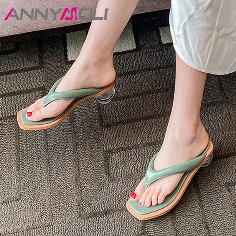 ANNYMOLI Flip Flops Real Leather Mid Heel Slippers Square Toe Women Slides Crystal Strange Style Lady Sandals Summer Shoes Blue
ANNYMOLI Flip Flops Real Leather Mid Heel Slippers Square Toe Women Slides Crystal Strange Style Lady Sandals Summer Shoes Blue