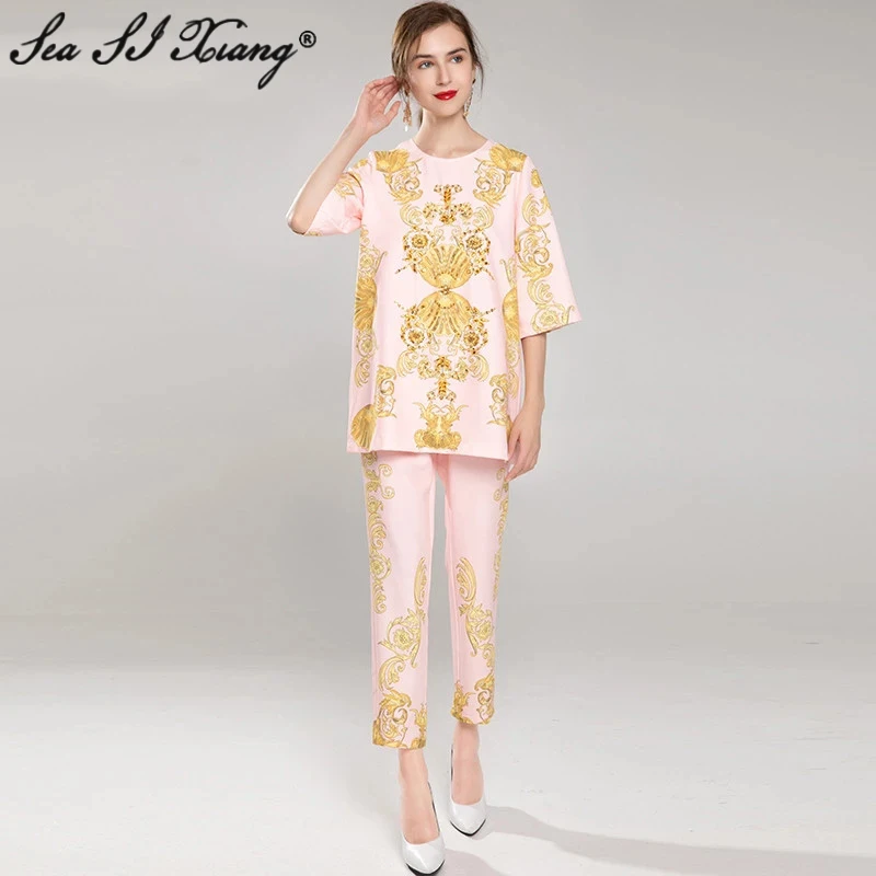 Seasixiang Designer Autumn Suit Women O-Neck Half Sleeve Beading Loose Tops + Pencil Pants Vintage Print Two-Piece Set
Seasixiang Designer Autumn Suit Women O-Neck Half Sleeve Beading Loose Tops + Pencil Pants Vintage Print Two-Piece Set
