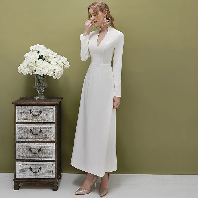 Satin V-Neck Wedding Dress Sheath Real Photo Long Sleeve Sheer Lace Back Ankle Length 2021 Simple Column Bridal Gowns with Split
Satin V-Neck Wedding Dress Sheath Real Photo Long Sleeve Sheer Lace Back Ankle Length 2021 Simple Column Bridal Gowns with Split
