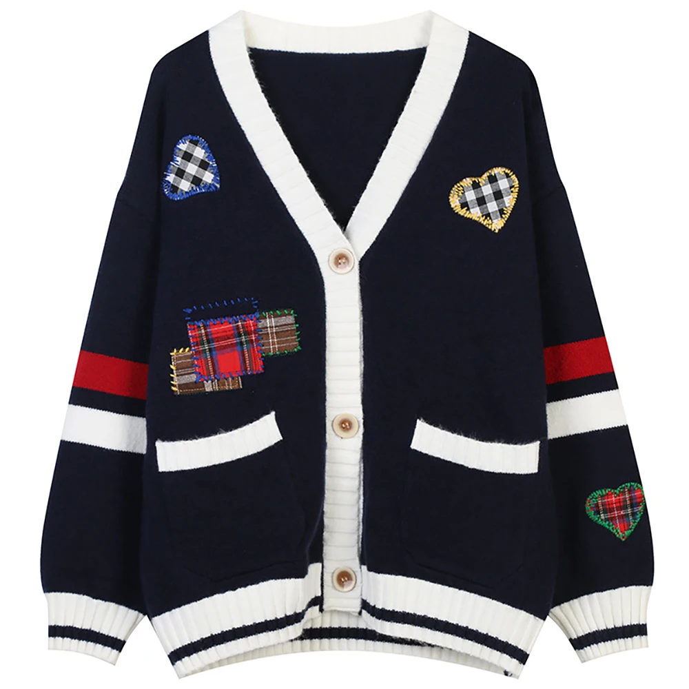 Autumn / Winter 2021 New Women's V-Neck Long Sleeve Contrast Stripe Heart Embroidery Loose Knit Warm Cardigan
Autumn / Winter 2021 New Women's V-Neck Long Sleeve Contrast Stripe Heart Embroidery Loose Knit Warm Cardigan