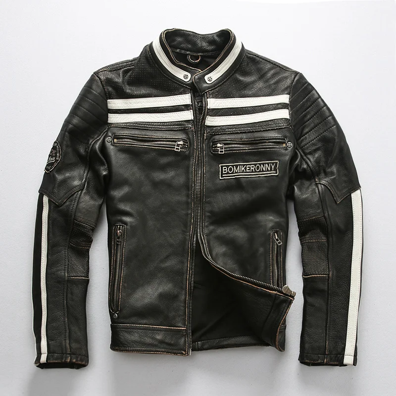 

Мужская винтажная куртка из натуральной кожи, черная приталенная мотоциклетная куртка из натуральной воловьей кожи с вышивкой черепа, боль...