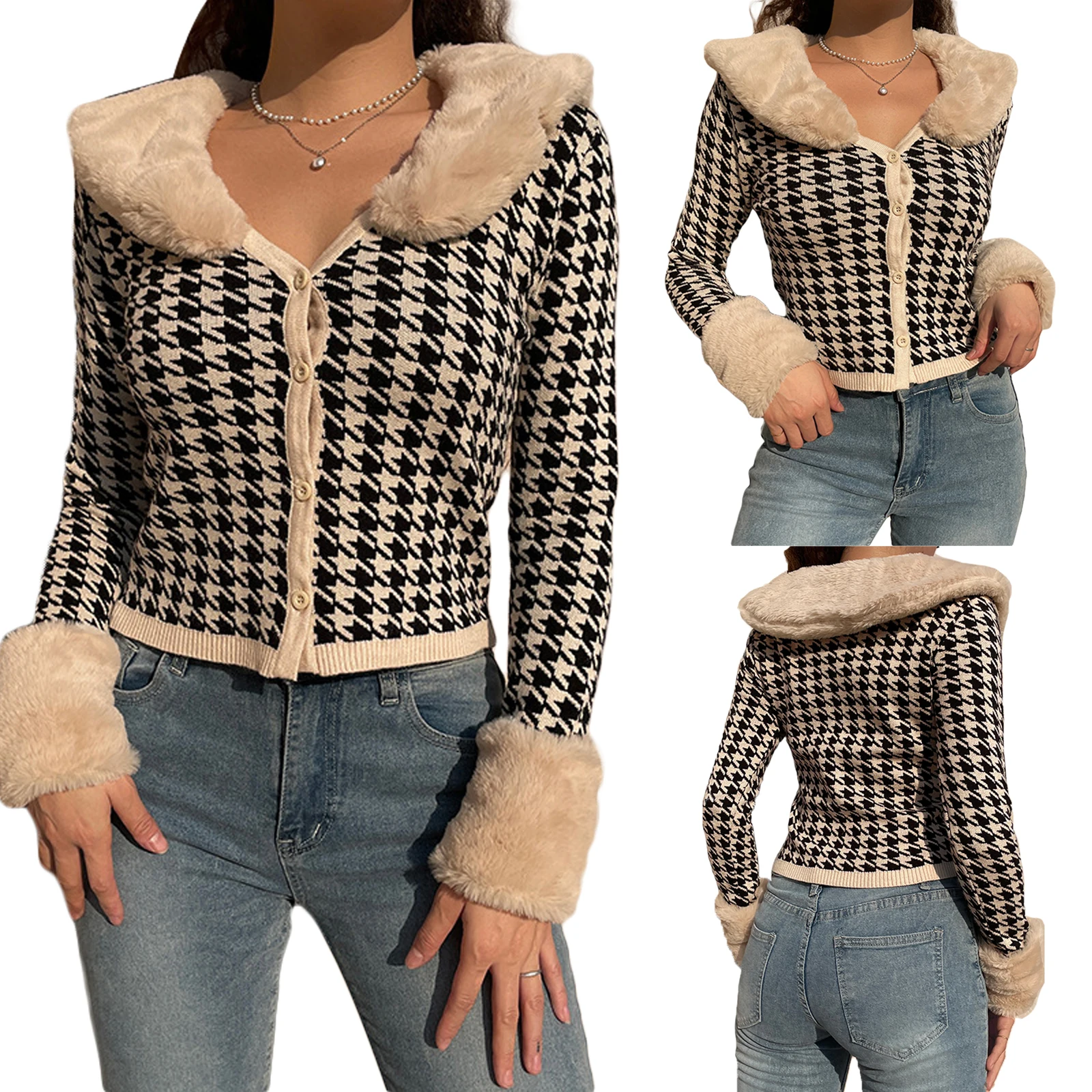 Female Short Coat, Adults Houndstooth Print Fur Collar Long Sleeve Jacket for Autumn Winter, S/M/L
Female Short Coat, Adults Houndstooth Print Fur Collar Long Sleeve Jacket for Autumn Winter, S/M/L