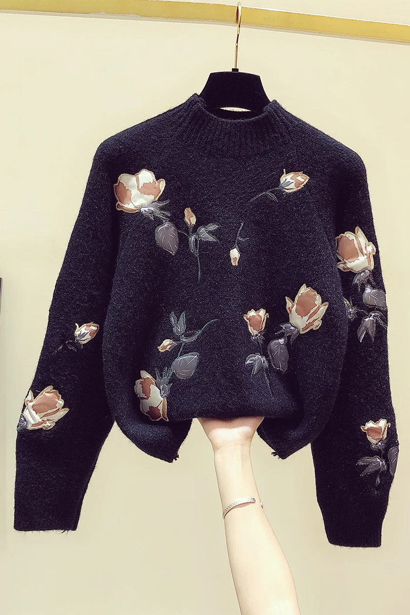 Fall/Winter Knitwear for Women Sweater 2020 New Embroidery Flower Pullover Jacket Women's Loose Turtleneck Black Sweaters Top
Fall/Winter Knitwear for Women Sweater 2020 New Embroidery Flower Pullover Jacket Women's Loose Turtleneck Black Sweaters Top