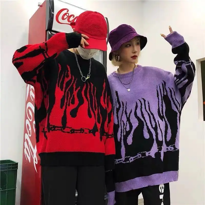 High street hip-hop flame autumn and winter ins female color matching round neck loose wild knitted sweater men and women tide
High street hip-hop flame autumn and winter ins female color matching round neck loose wild knitted sweater men and women tide