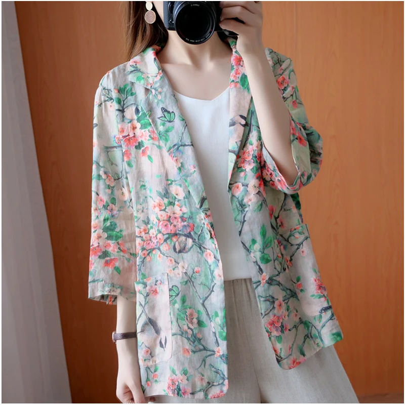Spring Autumn Printed Cardigan Jacket Women's Loose Large Size Casual Suit Cotton and Linen Three-Sleeve Sleeve Top
Spring Autumn Printed Cardigan Jacket Women's Loose Large Size Casual Suit Cotton and Linen Three-Sleeve Sleeve Top