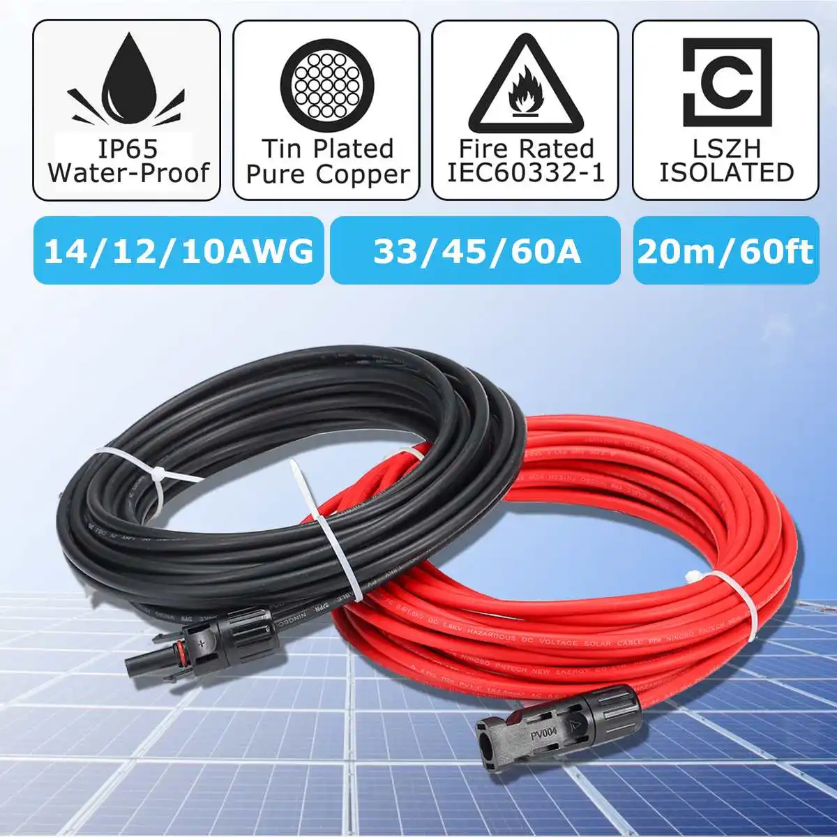 20m 1 pair Solar Panel Extension Cable Copper Wire 2.5/4/6mm 14/12/10 AWG Black and Red with for Connector Solar PV Cable
20m 1 pair Solar Panel Extension Cable Copper Wire 2.5/4/6mm 14/12/10 AWG Black and Red with for Connector Solar PV Cable