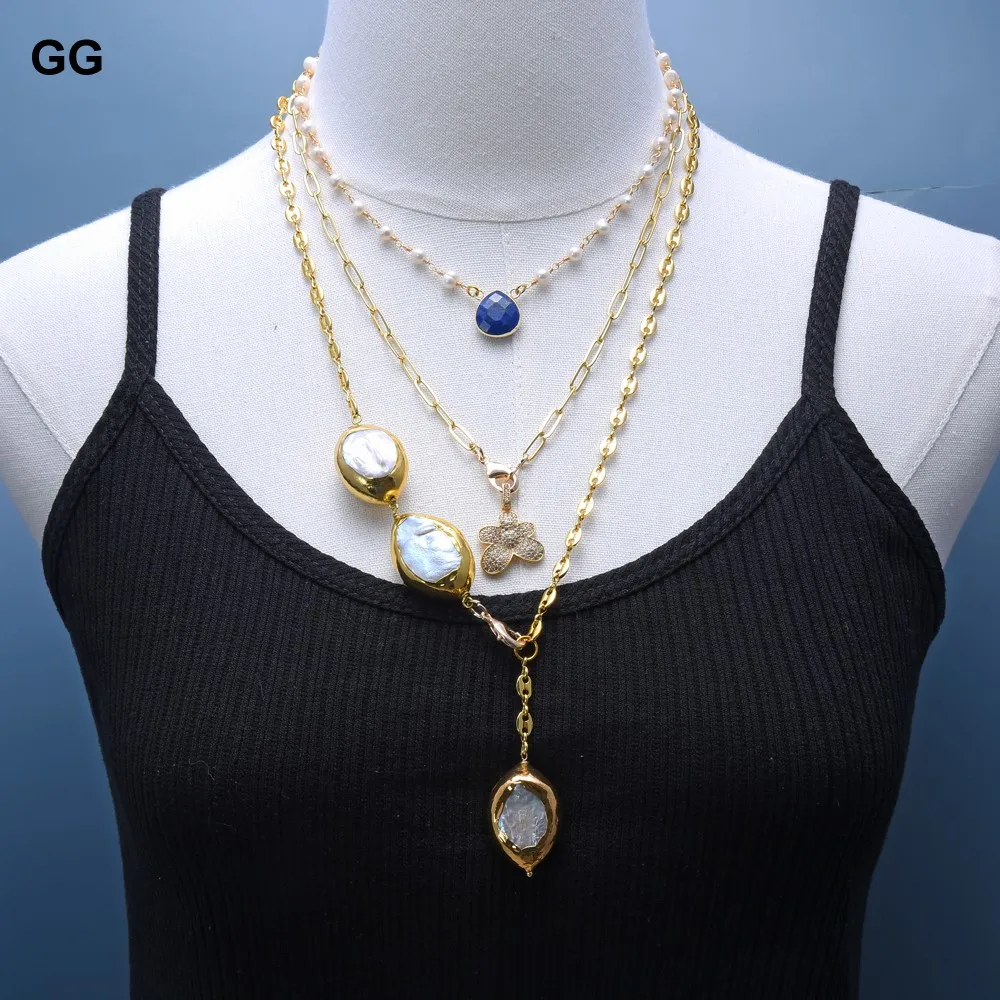 GG Jewelry Natural Cultured Gold Plated White Keshi Pearl Blue Lapis CZ Flower Charm Chain Statement Necklace 17" -26" For Women
GG Jewelry Natural Cultured Gold Plated White Keshi Pearl Blue Lapis CZ Flower Charm Chain Statement Necklace 17" -26" For Women