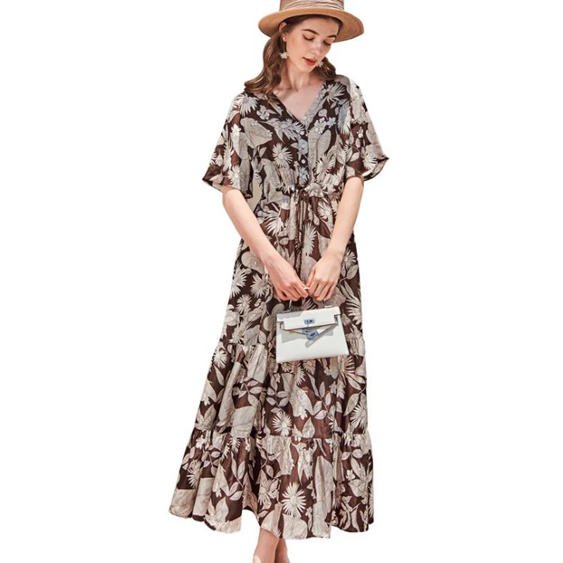 100% Silk Women's Runway Dresses Sexy V Neck Short Sleeves Printed Lace Up Ruffles Fashion Casual Summer Dresses
100% Silk Women's Runway Dresses Sexy V Neck Short Sleeves Printed Lace Up Ruffles Fashion Casual Summer Dresses