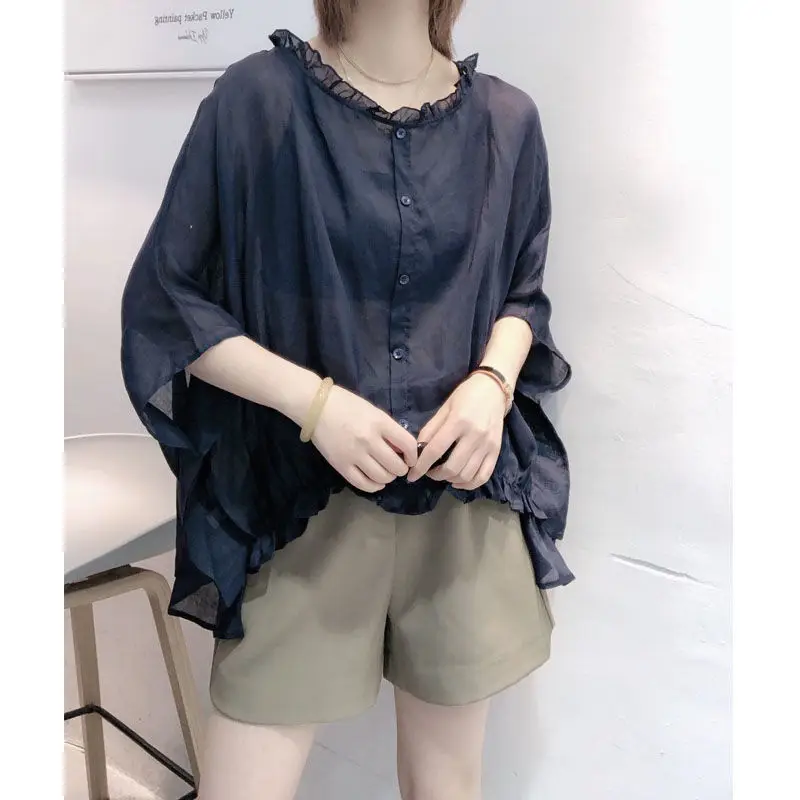 Summer 2021 new fashion bat sleeve linen shirt for women