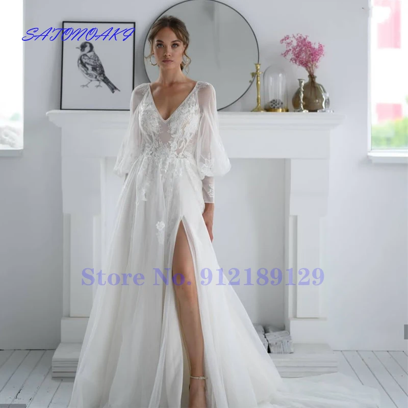 Vestido De Novia Boho Wedding Dress Long Puff Sleeve Side Slit A-Line Lace Appliques Tulle V-neck Bridal Gown Robe Mariee Custom
Vestido De Novia Boho Wedding Dress Long Puff Sleeve Side Slit A-Line Lace Appliques Tulle V-neck Bridal Gown Robe Mariee Custom