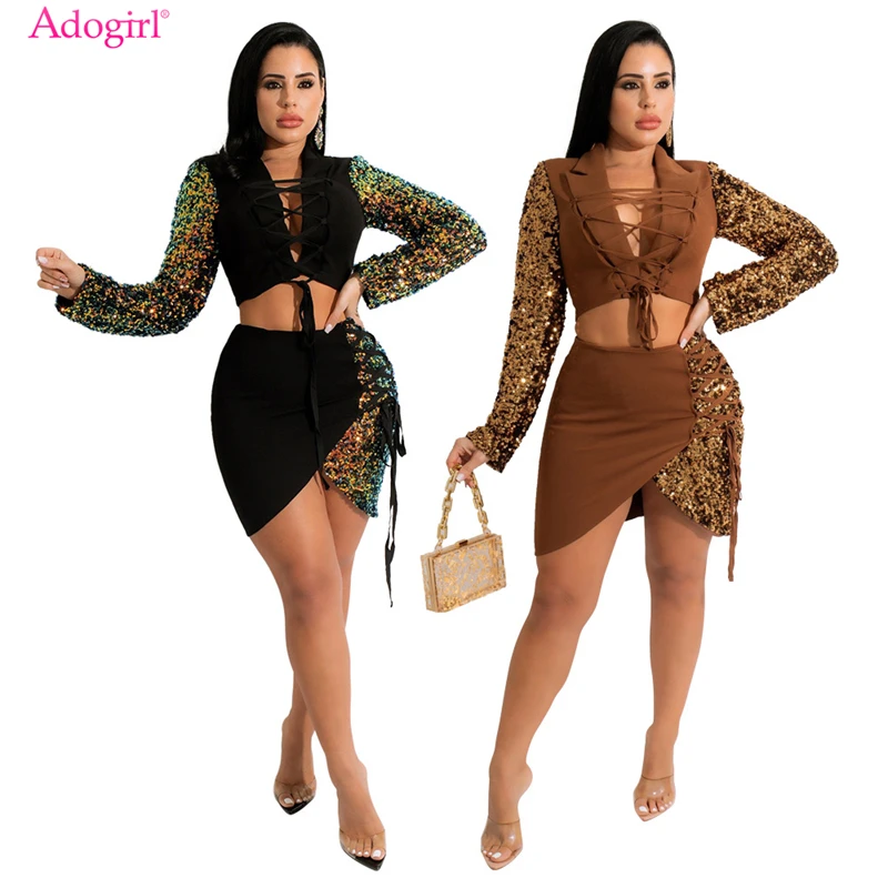 Adogirl Sequins Patchwork Two Piece Set Dress Women Lacy Up Long Sleeve Blazer Crop Top Asymmetrical Mini Skirt Party Outfits
Adogirl Sequins Patchwork Two Piece Set Dress Women Lacy Up Long Sleeve Blazer Crop Top Asymmetrical Mini Skirt Party Outfits