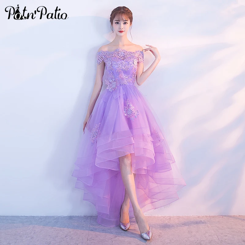 Purple High Low Prom Dresses Elegant Off The Shoulder Short Front Long Back Appliques Tulle Graduation Party Gowns
Purple High Low Prom Dresses Elegant Off The Shoulder Short Front Long Back Appliques Tulle Graduation Party Gowns