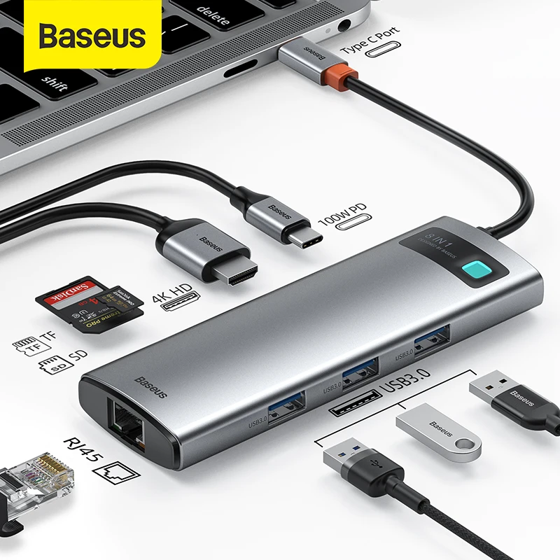 Baseus USB HUB 3.0 Type C to HDMI-compatible USB Adapter 8 in 1 Type C HUB Dock for MacBook Pro Air SD TF RJ45 Port USB Splitter
Baseus USB HUB 3.0 Type C to HDMI-compatible USB Adapter 8 in 1 Type C HUB Dock for MacBook Pro Air SD TF RJ45 Port USB Splitter