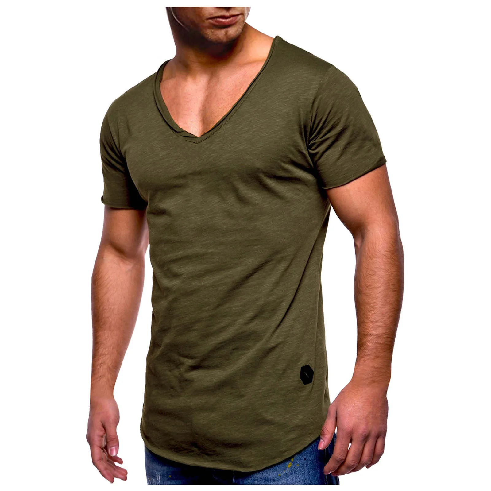 Мужская облегающая футболка однотонная Повседневная с глубоким V-образным