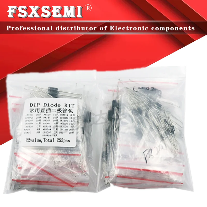 Комплект диодов Schottky 1N4001/1N4004/1N4007/1N5408/UF4007/FR307/1N5819/1N5822/6A10/10A10 22 значения = 255 шт. |
