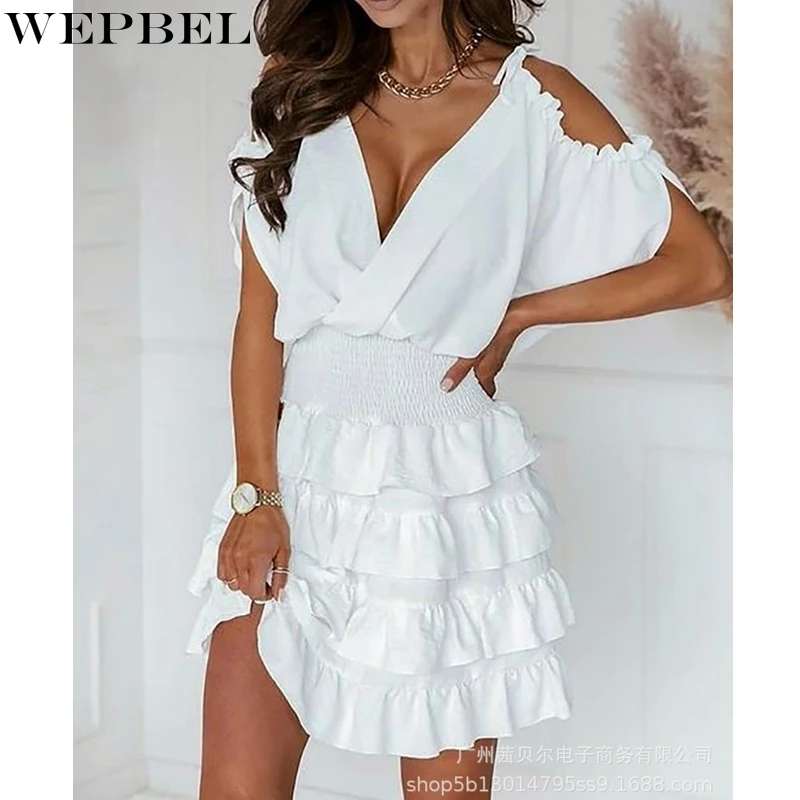 WEPBEL Sexy V-neck Dress Women's Casual Ruffled Pleated Stitching Dress Summer High Waist Lace-up Backless Short Sleeve Dress
WEPBEL Sexy V-neck Dress Women's Casual Ruffled Pleated Stitching Dress Summer High Waist Lace-up Backless Short Sleeve Dress
