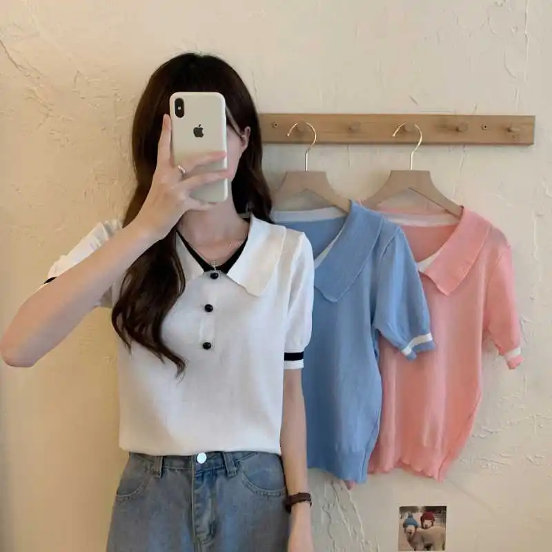 Summer New Short-sleeved t shirt Woman Doll Collar Pullover Slim Fashion Knitted Bottoming T-Shirt korean style cute white tops
Summer New Short-sleeved t shirt Woman Doll Collar Pullover Slim Fashion Knitted Bottoming T-Shirt korean style cute white tops
