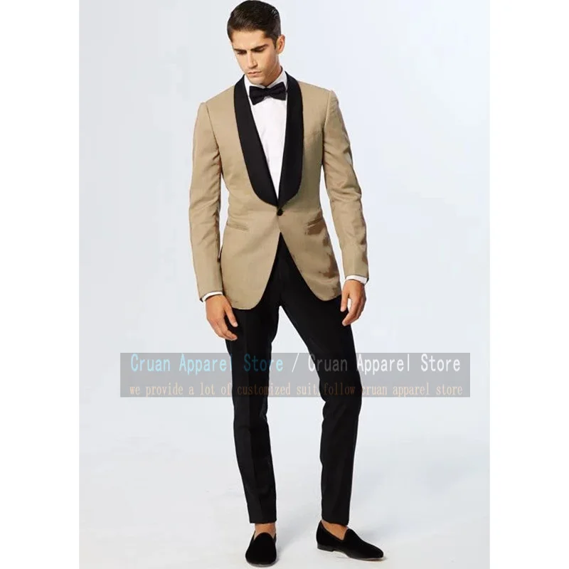 

Костюм мужской хаки по индивидуальному заказу, Свадебный приталенный пиджак с лацканами и шалью, смокинг для жениха и брюки, 2 предмета