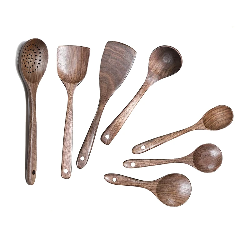 

New 7 Pcs Wooden Kitchen Cooking Utensil Set,Wooden Soup Ladle,Black Walnut Wooden Spoons Spatula for Cooking,Mixing Spoon