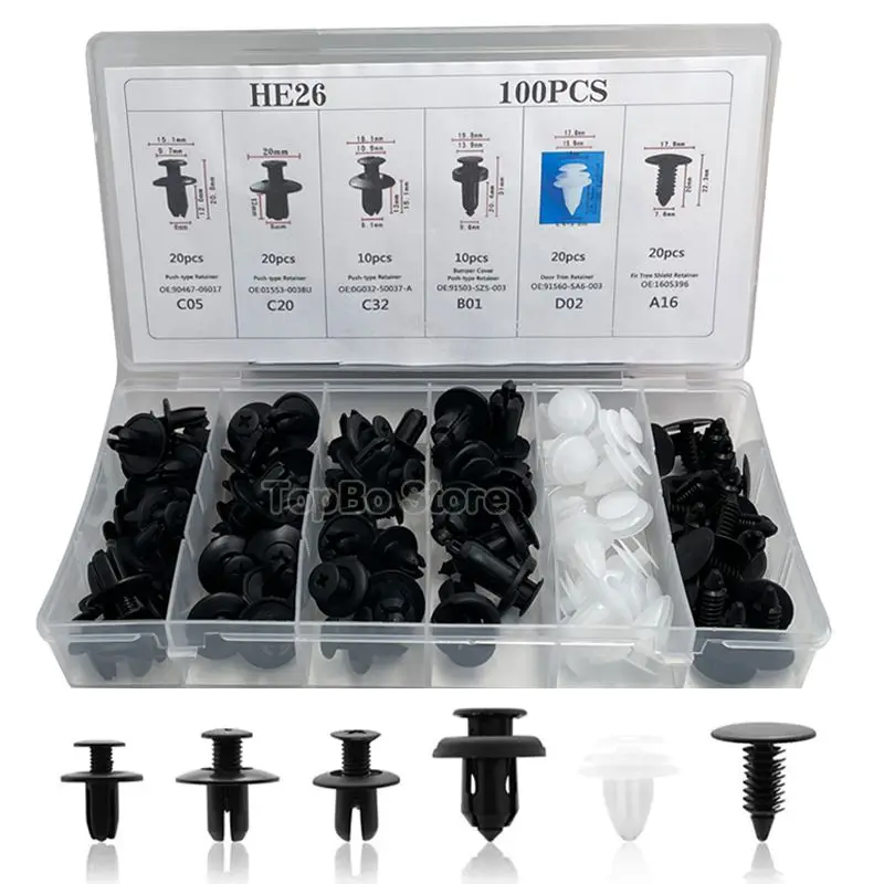 6 Size 100pcs Auto Fastener Clip Mixed Car Body Push Retainer Pin Rivet Bumper Door Trim Panel Retainer Fastener Kit
6 Size 100pcs Auto Fastener Clip Mixed Car Body Push Retainer Pin Rivet Bumper Door Trim Panel Retainer Fastener Kit