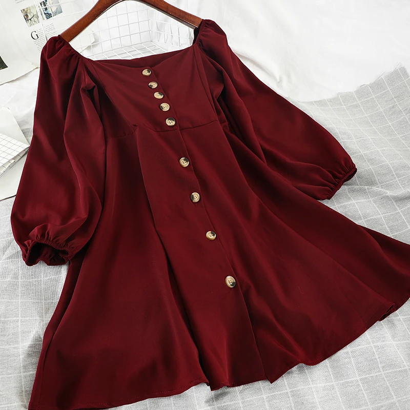Fashion Single-breasted Women Dress Solid Elegant Ladies Slash Neck A-line Dress Harajuku Vintage Lantern Sleeve Mini Dresses
Fashion Single-breasted Women Dress Solid Elegant Ladies Slash Neck A-line Dress Harajuku Vintage Lantern Sleeve Mini Dresses