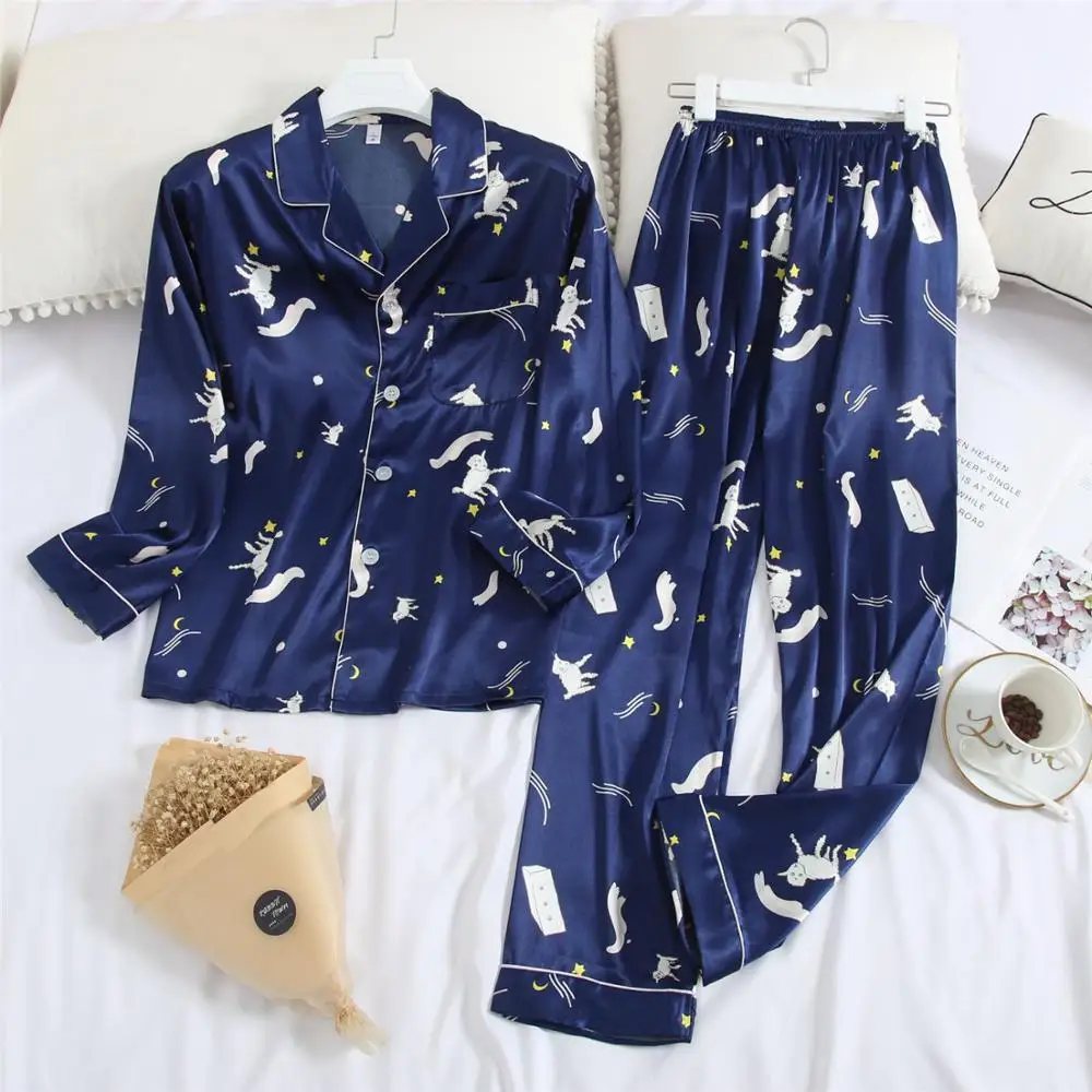 FZSLCYIYI Couple Spring Pajama Set Long Sleeve Plus Size 3XL Pajamas Sets Silk Satin Pijama Sleepwear Pyjamas Nightwear homewear | Мужская