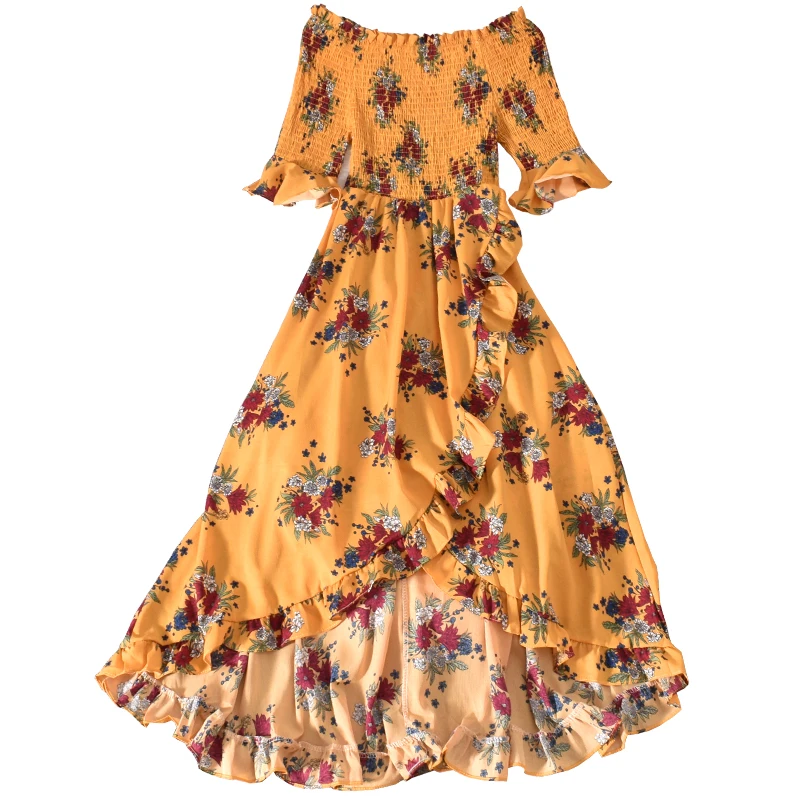 Summer Women's Dresses, New Floral Print Mid-calf Dresses Slash Neck High Waist Dress Thin Niche Irregular Ruffled Dress LL007
Summer Women's Dresses, New Floral Print Mid-calf Dresses Slash Neck High Waist Dress Thin Niche Irregular Ruffled Dress LL007