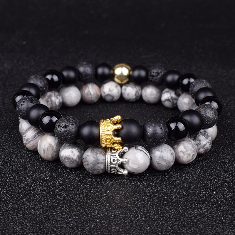 

Natural Stone Beads Paired Bracelet Men Fashion Obsidian Lava Crown Charm Couple Bracelets for Women Distance Friendship Jewelry