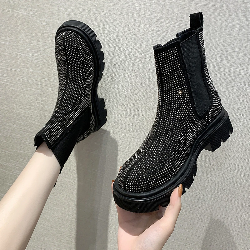 Women's Rhinestone Chelsea Boots Platform Boots Women's Leather Square Heel Ankle Boots Black Women's Winter Fashion Short Boots
Women's Rhinestone Chelsea Boots Platform Boots Women's Leather Square Heel Ankle Boots Black Women's Winter Fashion Short Boots