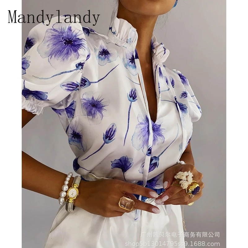 Mandylandy Shirt Summer Fashion Short Puff Sleeve Lace-up Stand Collar Shirt Women's Casual Floral Print Loose Shirt
Mandylandy Shirt Summer Fashion Short Puff Sleeve Lace-up Stand Collar Shirt Women's Casual Floral Print Loose Shirt