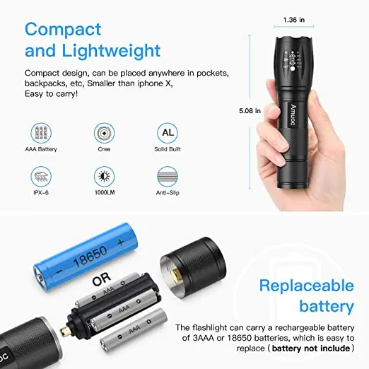 Led Flashlight Ultra Bright Waterproof MINI Torch T6 zoomable 5 Modes 18650 rechargeable Battery for hiking camping tactical
Led Flashlight Ultra Bright Waterproof MINI Torch T6 zoomable 5 Modes 18650 rechargeable Battery for hiking camping tactical
