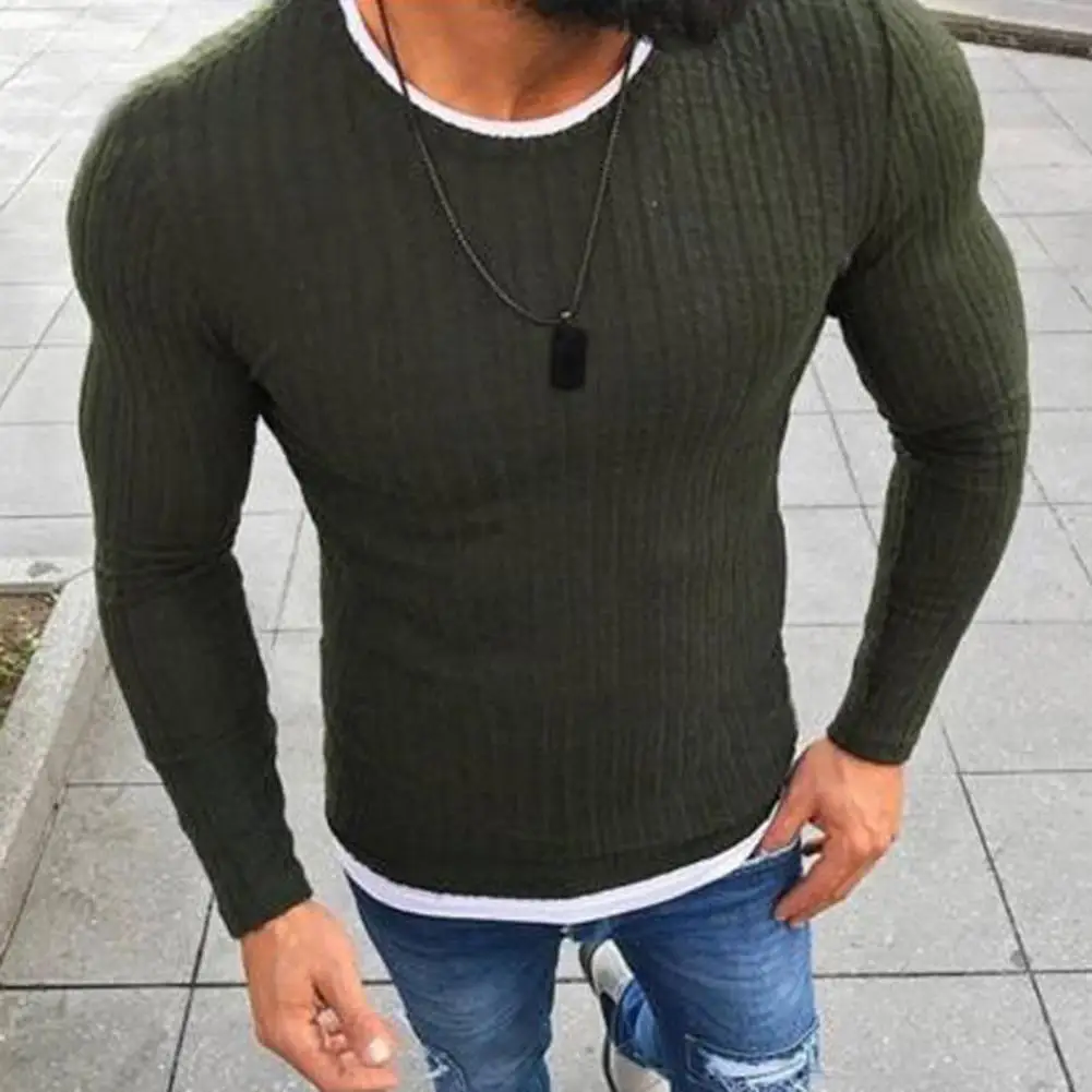 Мужская Однотонная футболка с круглым вырезом и длинными рукавами вязаный
