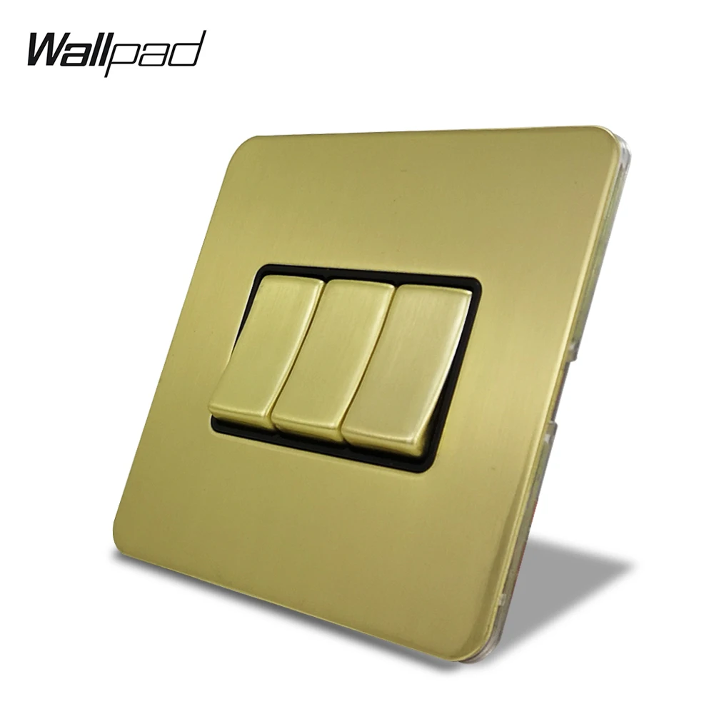 

Wallpad Satin Gold 3 Gang 1 Way or 2 Way Electric Wall Light Rocker Switch Brushed Brass Stainless Steel Panel Metal Button