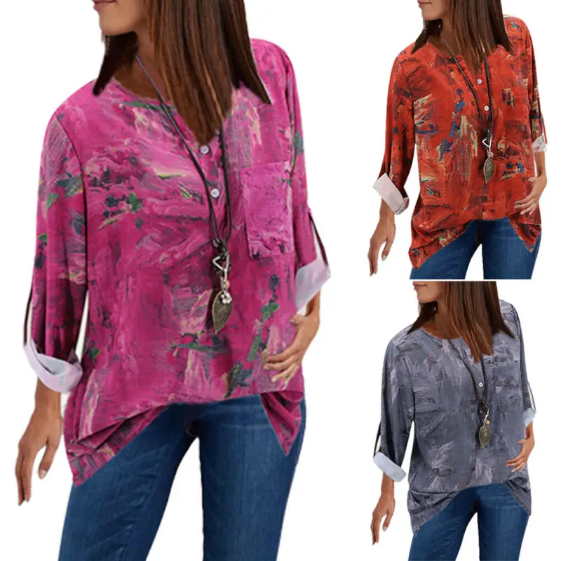 Женская Свободная блузка с длинным рукавом и цветочным принтом 
Женская Свободная блузка с длинным рукавом и цветочным принтом