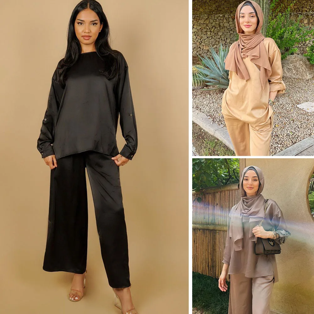 Satin Muslim Sets Abayas Women 2 Pieces Matching Outfits Long Sleeve Tunic Top Shirt + Wide Leg Trousers Dubai Turkish Modesty
Satin Muslim Sets Abayas Women 2 Pieces Matching Outfits Long Sleeve Tunic Top Shirt + Wide Leg Trousers Dubai Turkish Modesty