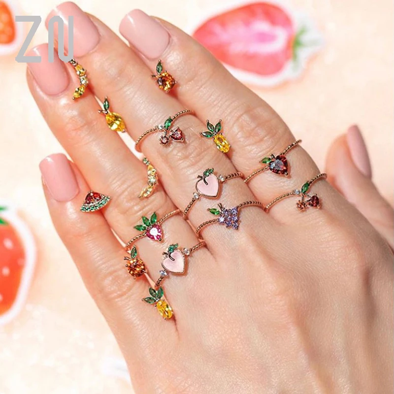 ZN New Creative Design Gold plated Crystal Cherry Apple Grape Strawberry Finger Rings For Women Girls Cute Fruit Ring
ZN New Creative Design Gold plated Crystal Cherry Apple Grape Strawberry Finger Rings For Women Girls Cute Fruit Ring
