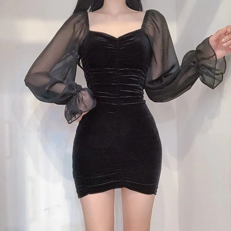 

ZLDRESS Women V-Neck Splice Mesh Long Sleeve Folds Slim Mini Dress 2021 Spring Goth Female Dark Puff Sleeve Bodycon Dresses