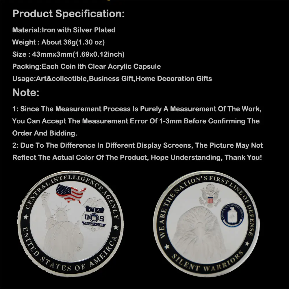 Silver Plated USA CIA Special Agent Silent Warriors Souvenirs Coin Medal Collectible Coins
Silver Plated USA CIA Special Agent Silent Warriors Souvenirs Coin Medal Collectible Coins