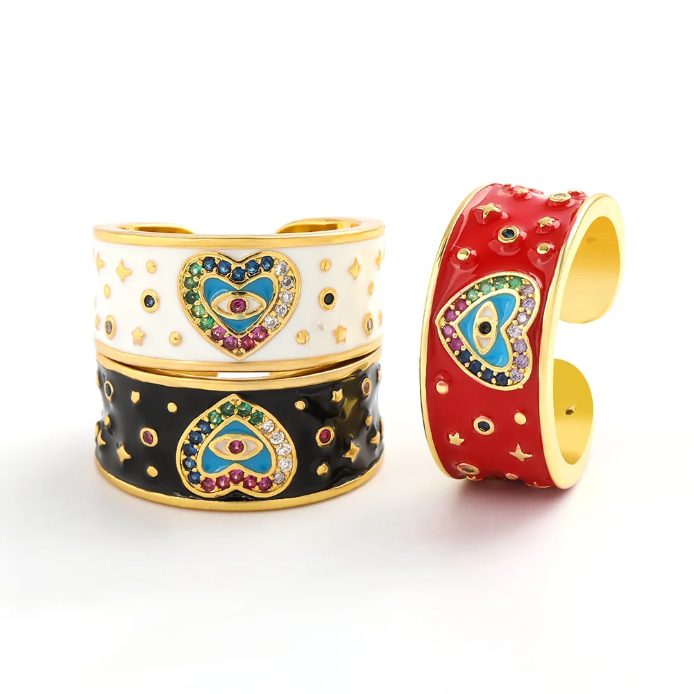 Fashion Creative Drop Oil Heart-shaped Eyes Copper Color Zircon Couple Rings Women and Men Popular Opening Adjustable Ring | Украшения и