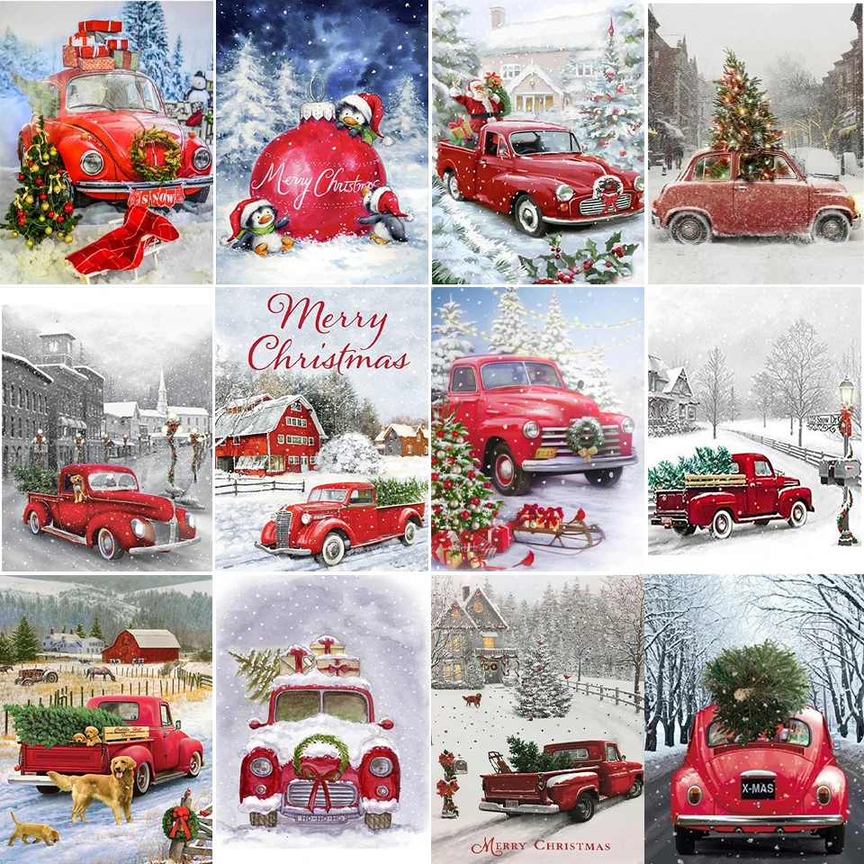 

Алмазная 5D картина «сделай сам», Набор для вышивки крестиком с изображением пейзажа, рождественского автомобиля, полная выкладка, мозаика д...
