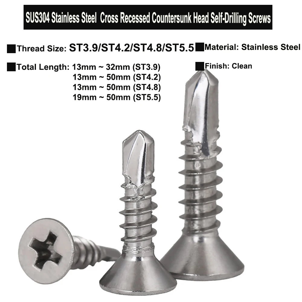 

ST3.9 ST4.2 ST4.8 ST5.5 SUS304 Stainless Steel Phillips Cross Recessed Countersunk Head Self-Drilling Tapping Screws