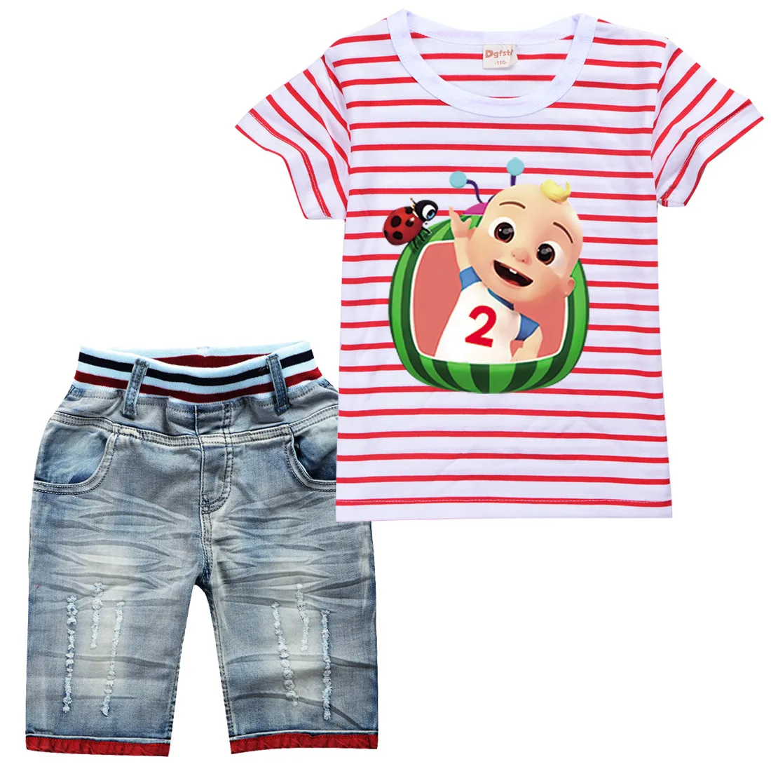 Children Summer Causal Clothing Girls Cartoon Cocomelon JJ Pattern Clothes Baby Boys Striped T-shirt + Denim Shorts 2pcs Suit
Children Summer Causal Clothing Girls Cartoon Cocomelon JJ Pattern Clothes Baby Boys Striped T-shirt + Denim Shorts 2pcs Suit